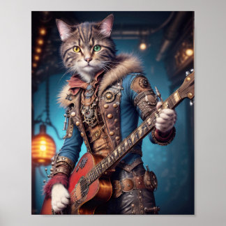 スチームパンクドレスのギター猫 ポスター