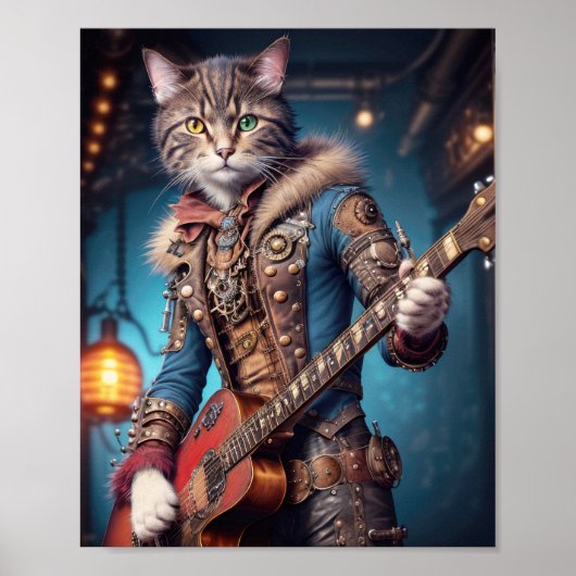 スチームパンクドレスのギター猫 ポスター (正面)