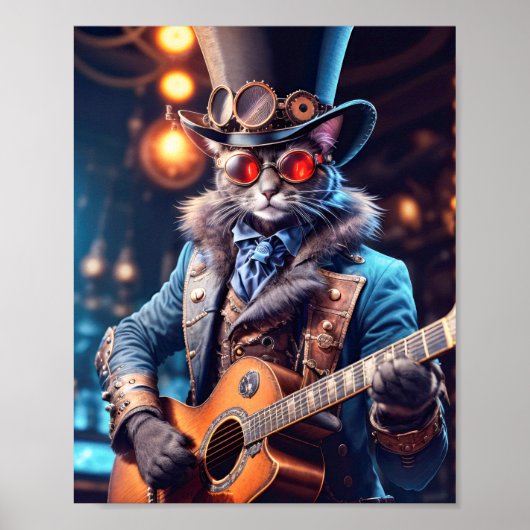 スチームパンクドレスの青猫がパブでギターを演奏 ポスター (正面)
