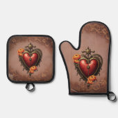 スチームパンクハートと花。 鍋つかみ&鍋敷きセット (正面)