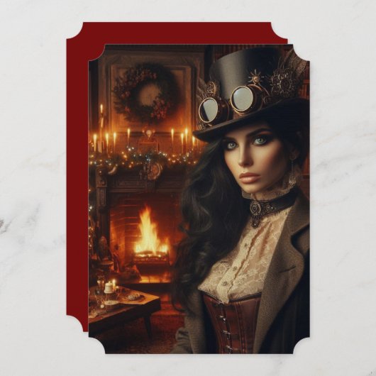 スチームパンクビクトリアンヴィンテージレディークリスマスレッド シーズンカード (正面/裏面)