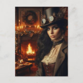 スチームパンクビクトリアンヴィンテージレディークリスマスレッド シーズンポストカード (正面)