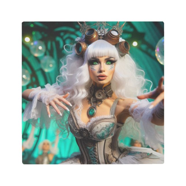 スチームパンクビクトリアン未来的グリーンダンサー メタルプリント (正面)