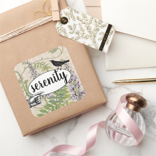 スチームパンクフローラブラックバードバーンドバーウッドグレイン スクエアシール (ギフト)