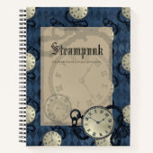 スチームパンクブルーのゴシック様式の時計とスカル ノートブック (正面)