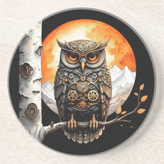 スチームパンクブルーアイドフクロウと満月 コースター (正面)