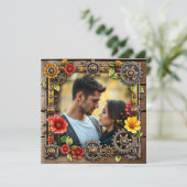 スチームパンクメタル&ウッドパーソナライズされたウェディングRSVP セーブザデート (スタンド正面)