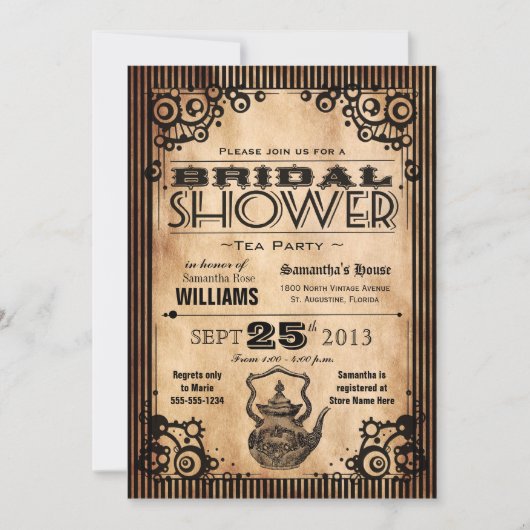 スチームパンクヴィンテージルックブライダルシャワーティーパーティー 招待状 (正面)