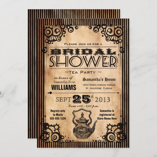 スチームパンクヴィンテージルックブライダルシャワーティーパーティー 招待状 (正面/裏面)