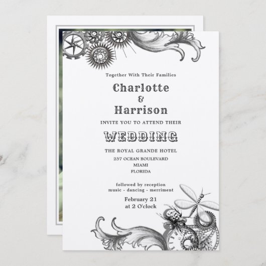 スチームパンクヴィンテージ機械ギア虫写真 招待状 (正面/裏面)