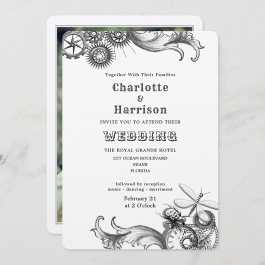 スチームパンクヴィンテージ機械ギア虫写真I 招待状 (正面/裏面)