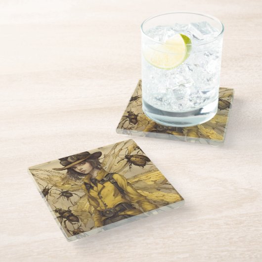 スチームパンク昆虫の女性 ガラスコースター (アングル)