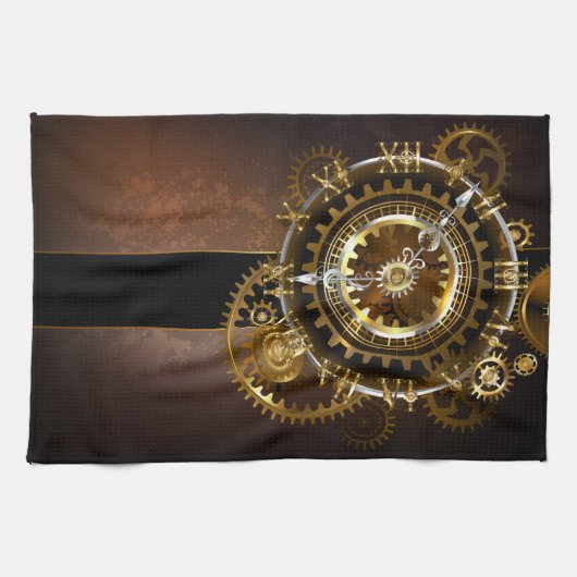 スチームパンク時計とアンティークギア キッチンタオル (横)
