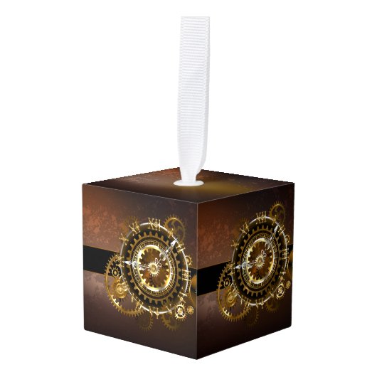 スチームパンク時計とアンティークギア キューブオーナメント (正面アングル)