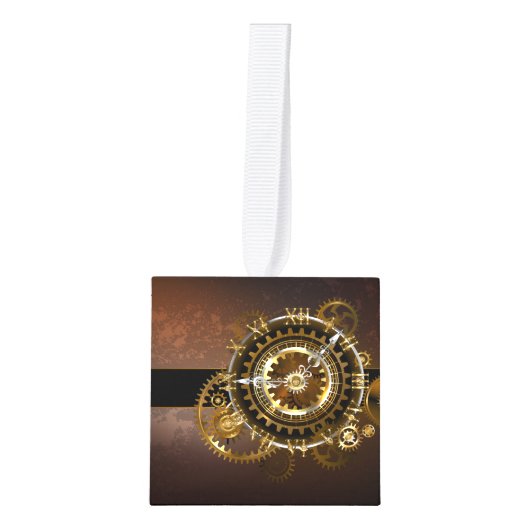 スチームパンク時計とアンティークギア キューブオーナメント (正面)