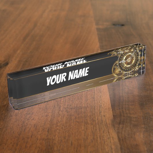 スチームパンク時計とアンティークギア デスクネームプレート (側面)