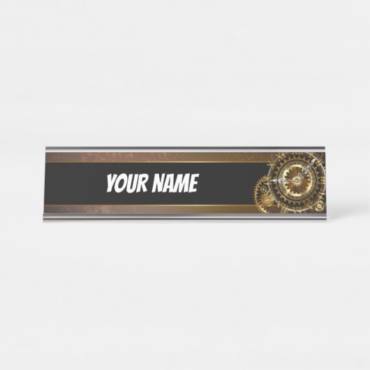 スチームパンク時計とアンティークギア デスクネームプレート (正面)