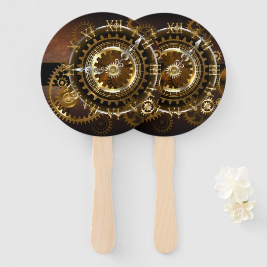 スチームパンク時計とアンティークギア ハンドファン (正面&裏面)