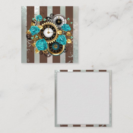 スチームパンク時計とターコイズバラオンバストライプのス スクエア名刺 (正面/裏面)