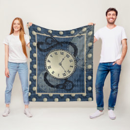 スチームパンク時計&スカルブルー フリースブランケット