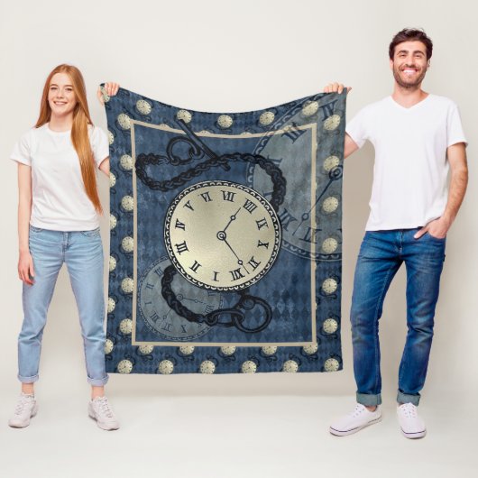 スチームパンク時計&スカルブルー フリースブランケット (インサイチュ)
