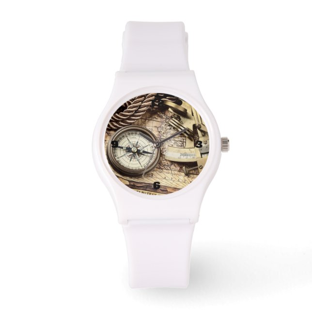 スチームパンク沿岸ビーチ航海のアンティークコンパス 腕時計 (正面)