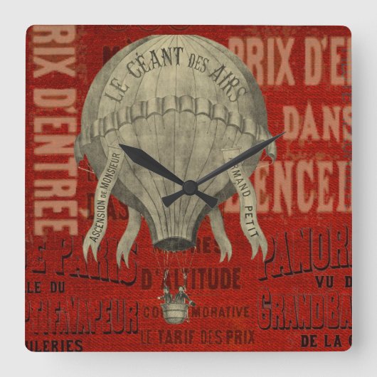 スチームパンク熱気球に乗るグラフィックフォントで赤 スクエア壁時計 (正面)