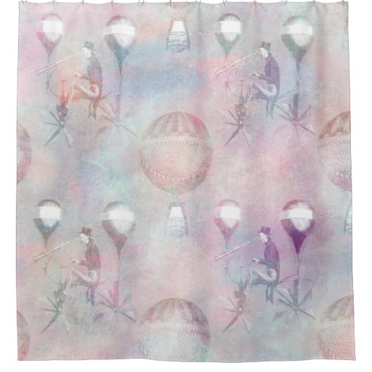 スチームパンク熱気球 |ヴィンテージ フェミニン シャワーカーテン (正面)