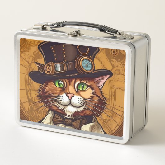 スチームパンク猫ヴィンテージ弁当箱 メタルランチボックス (正面)