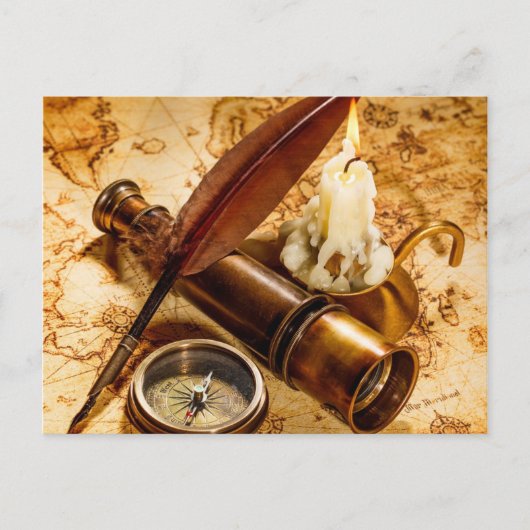 スチームパンク航海の望遠鏡アンティークコンパス ポストカード (正面)