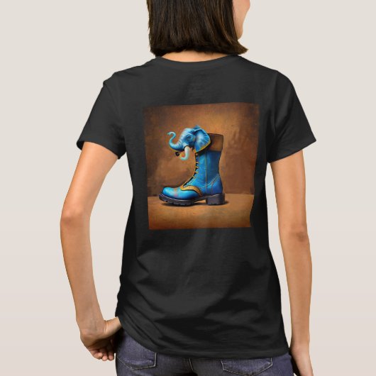 スチームパンク象のブーツの女性用黒Tシャツの背面 Tシャツ (裏面)
