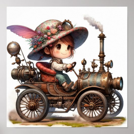 スチームパンク車に乗る若い幸せな子ども ポスター (正面)