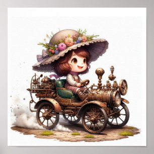 スチームパンク車に乗る若い幸せな子ども ポスター