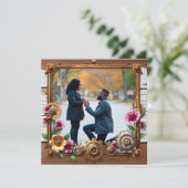 スチームパンク金属とパーソナライズされた木材結婚の セーブザデート (スタンド正面)