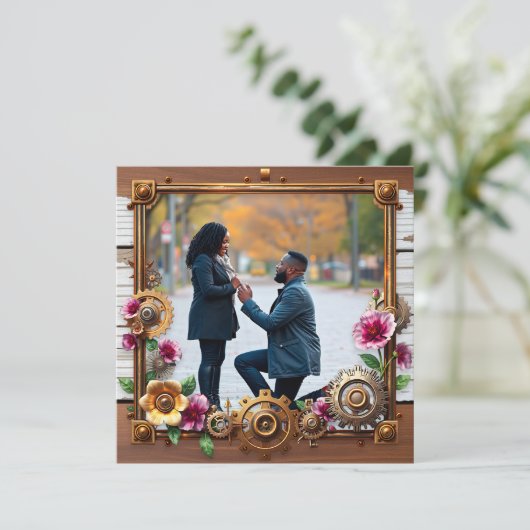 スチームパンク金属とパーソナライズされた木材結婚の セーブザデート (スタンド正面)