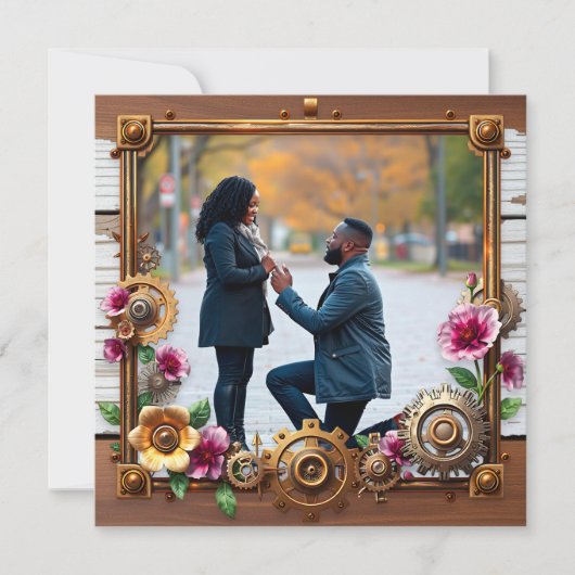 スチームパンク金属とパーソナライズされた木材結婚の セーブザデート (正面)