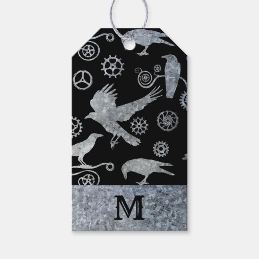 スチームパンク銀の亜鉛ギアとクロウズモノグラム ギフトタグ (正面)