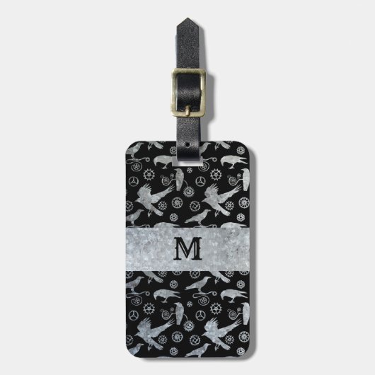 スチームパンク銀亜鉛鋼ギアとカラス ラゲッジタグ (正面縦)