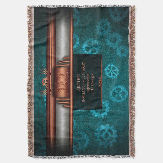 スチームパンク銅と銀のティール(緑がかった色)コグ, Monogram スローブランケット (正面縦)