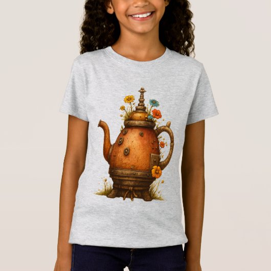 スチームパンク風の花のティーポットのアート Tシャツ (正面)
