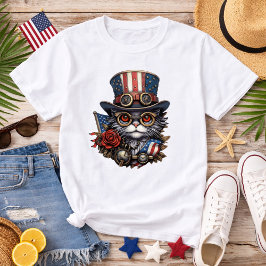 スチームパンク風アメリカンな猫の愛国ポスター Tシャツ