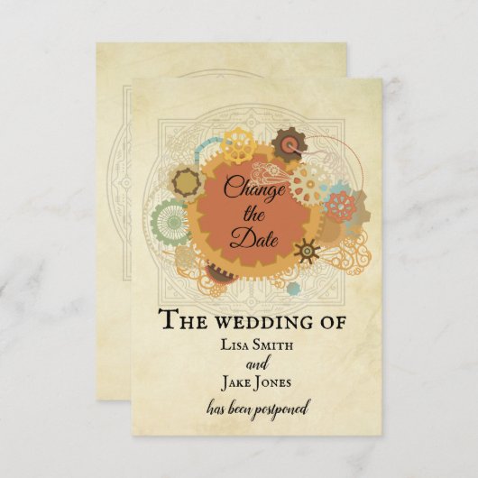 スチームパンク ウェディング 日程変更 インダストリアル 招待状 (正面/裏面)