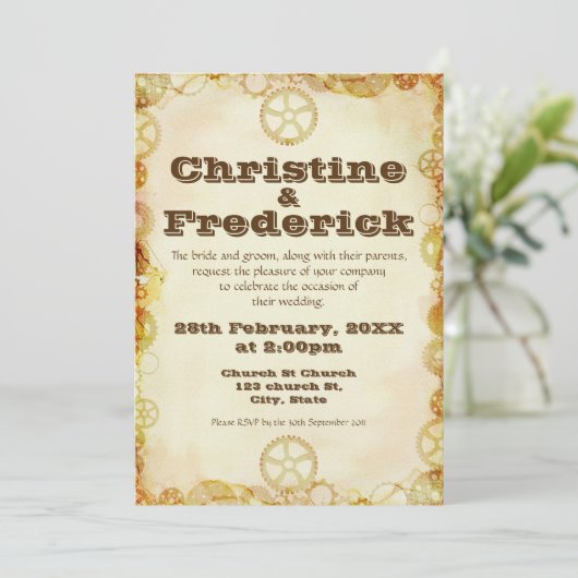 スチームパンク・ウェディング、  5"x7" インビテーション (スタンド正面)