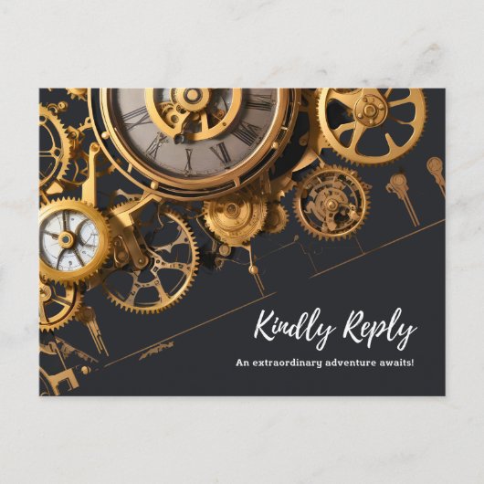 スチームパンク・エンターテイメント ヴィンテージ・クロックワーク ご参加のお返事 インビテーションポストカード (正面)