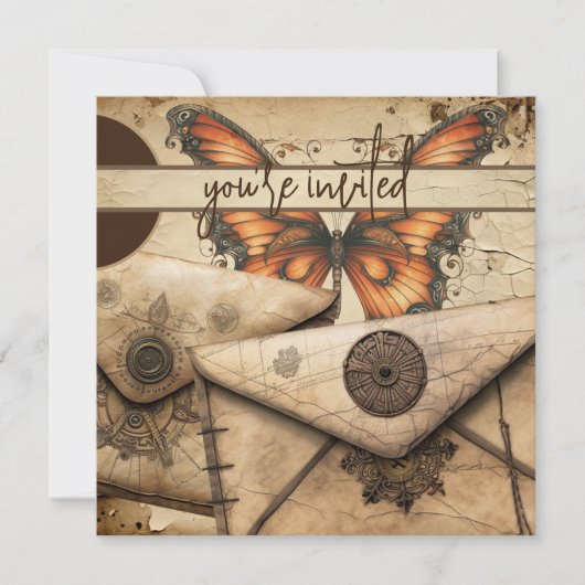 スチームパンク |(昆虫)オオカバマダラ、モナーク |レザー誕生日 招待状 (正面)