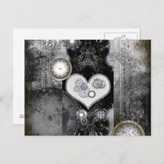 スチームパンク、時計とギアと素晴らしいハート ポストカード (正面/裏面)