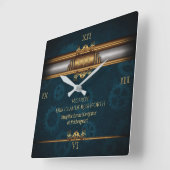 スチームパンク、暗いティール（緑がかった色）ギアの真鍮、モノグラム スクエア壁時計 (傾斜)