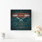 スチームパンク、銅オンティール(緑がかった色)コグ、モノグラム スクエア壁時計 (ホーム)