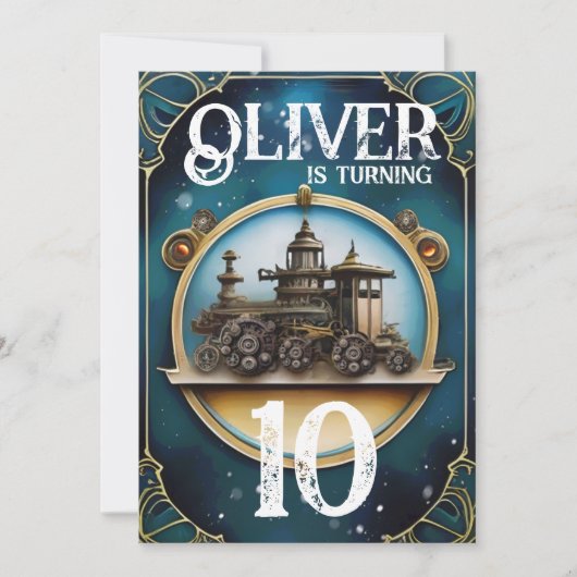 スチームパンク 青 銅色の誕生日パーティー 招待状 (正面)