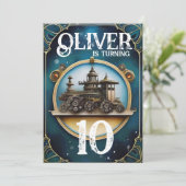 スチームパンク 青 銅色の誕生日パーティー 招待状 (スタンド正面)